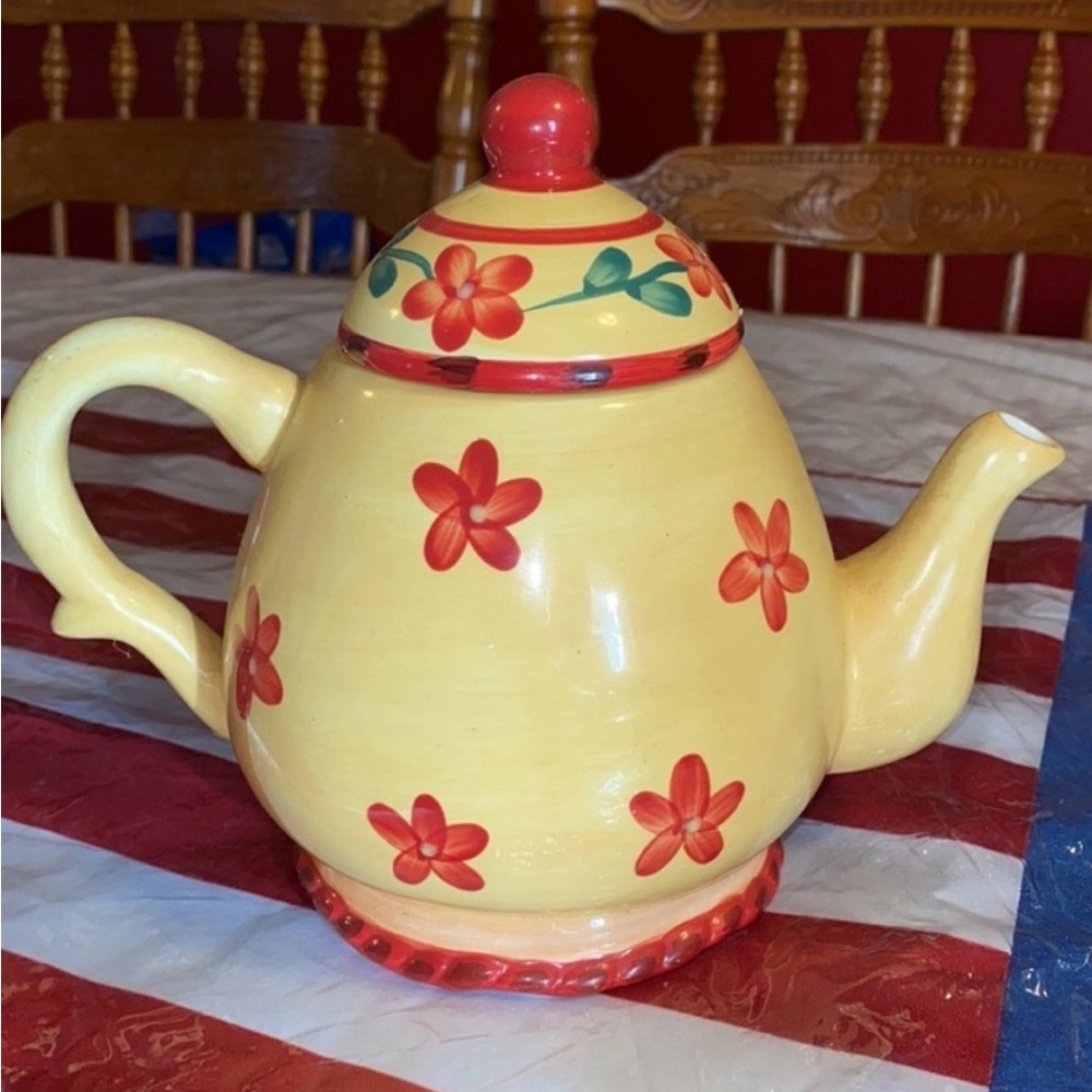 Rejoice in the Lord Floral Yellow Teapot with Red Accents